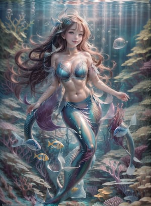 "Craft an exquisite image of a beautiful mermaid gracefully submerged in crystalline waters, her flowing iridescent tail reflecting the play of light. Surround her with an underwater tableau of stunning coral reefs, swaying aquatic plants, and a kaleidoscope of colorful fishes that weave through the aquatic tapestry, creating a mesmerizing and vibrant underwater world.",Mermaid, perfect deep blue eyes, perfect hairs, perfect face, perfect mermaid body, perfect underwater background, show abdomen,beautiful girls,underwater,bubble