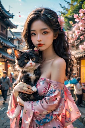 1 japan girl, solo, long hair, breasts, looking at viewer, blue eyes, smile, middle breasts, black hair, (holding cat), outdoors in Tokyo lips, wearing the pink kimonos, 
 animal, yellow cat, off shoulder, holding cat, Xxmix_Catecat,PetDragon2024xl,LinkGirl,aesthetic portrait,more detail XL,cat,wetshirt,xxmix_girl,Blue Backlight
