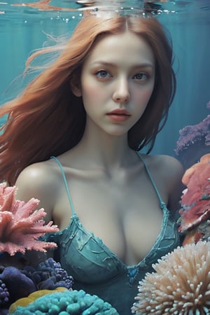 Beautiful mermaid, penetrating gaze, corals and jellyfish,aesthetic portrait,underwater,ice and water