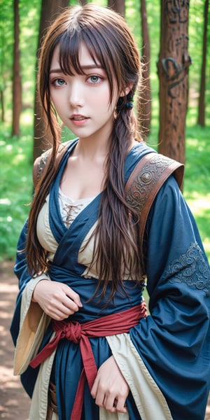 Natural Light, (Best Quality, highly detailed, Masterpiece), (beautiful and detailed eyes), (realistic detailed skin texture), (detailed hair), (Fantasy aesthetic style), (realistic light and shadow), (real and delicate background), ((cowboy shot)), (from high), shinobi, beautiful Indian girl, 23 year old,1girl, lotr elf, amber colored eyes, brown hair, A beautiful young elven ninja, clad in navy shinobi shozoku, with a red sash, stands confidently in a beautiful 
forest landscape.,sexyling54894416