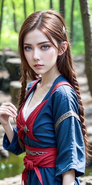 Natural Light, (Best Quality, highly detailed, Masterpiece), (beautiful and detailed eyes), (realistic detailed skin texture), (detailed hair), (Fantasy aesthetic style), (realistic light and shadow), (real and delicate background), ((cowboy shot)), (from high), shinobi, beautiful Indian girl, 23 year old,1girl, lotr elf, amber colored eyes, brown hair, A beautiful young elven ninja, clad in navy shinobi shozoku, with a red sash, stands confidently in a beautiful 
forest landscape.,sexyling54894416,sexymaga16235082,sexyqni58919407