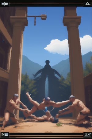 A woman being raped by 5 men,Pixel art