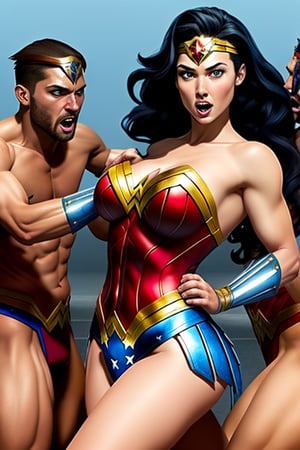 A picture of Wonder Woman being raped by 3 men,Pixel art,modelshoot style
