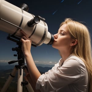 Young blonde woman scientist, gazing the stars through a telescope, pondering the orgin of the universe.