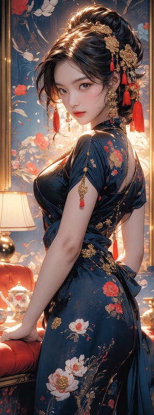 A 23-year-old Chinese beauty with an elegant and leisurely face stood in front of a gorgeous blue background and gold-edged Baroque single sofa. Her outfit is predominantly white with navy blue trim and detailed peony prints. Her perfect long legs were exposed, and there was a blue and white porcelain teapot and teacup on the table next to the chair, indicating that this was a tea party. The floor beneath her feet was littered with pearls and red beads. Directly behind the background is a gold-framed Chinese painting, with ornate interior decoration surrounding the central figure, adding to the luxurious feel of the scene. (1 Girl: 1.4), (RAW Photo, Best Quality), (Real, Photo Real: 1.1), Best Quality, Masterpiece, Beauty and Aesthetics, 16K, (HDR: 1.2), High Contrast, (Vivid Color: 1.3), (Soft Color, Dull Color, Soothing Tone: 0), Cinema Lighting, Ambient Lighting, Side Light, Fine Details and Texture, Cinema Lens, Warm Color (Bright and Intense: 1.1), Wide Angle Lens, xm887, Ultra Realistic illustrations, Shino's natural proportions, dynamic poses, accurate body and hand anatomy, four fingers and a thumb,