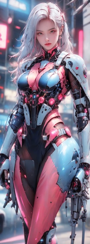 Best picture quality, high resolution, 8k, realistic, sharp focus, realistic image of elegant lady, Korean beauty, supermodel, pure white hair, blue eyes, wearing high-tech cyberpunk style blue Batgirl suit, radiant Glow, sparkling suit, mecha, perfectly customized high-tech suit, ice theme, custom design, 1 girl,swordup, looking at viewer,JeeSoo ,Mecha,JeanneLancer