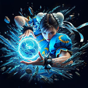 draw a picture A Street Fighter Chun-Li costume with arms stretched out and palms open, pushing out a speed feeling thunder blue fireball with energy from between the palms, the blue fireball with energy travels some distance and breaks the wall in front of them, black background,intricate highly detailed painting,45 degree side views,hyper quality,C4D,blender,UHD,hyper resolution, Rembrandt lighting,8k,hyper realistic,Unreal Engine5.
