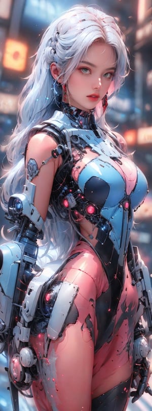 Best picture quality, high resolution, 8k, realistic, sharp focus, realistic image of elegant lady, Korean beauty, supermodel, pure white hair, blue eyes, wearing high-tech cyberpunk style blue Batgirl suit, radiant Glow, sparkling suit, mecha, perfectly customized high-tech suit, ice theme, custom design, 1 girl,swordup, looking at viewer,JeeSoo ,Mecha,JeanneLancer