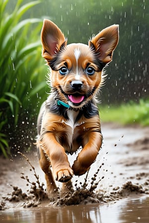 Generate a charming scene of a baby dog gleefully playing in the rain and mud. The puppy should be depicted with an enthusiastic and carefree expression, its tongue out and tail wagging as it romps through the muddy puddles. Show the puppy's fur becoming speckled with mud, its playful antics resulting in a messy but endearing appearance. Depict the rain falling gently around the puppy, with splashes of water and mud adding to the sense of excitement and joy. Place the scene in a natural outdoor setting, with green grass, trees, and patches of mud, creating a whimsical backdrop for the puppy's playful adventure. Ensure that the image captures the infectious happiness and innocence of the puppy's rainy day escapade, evoking a sense of warmth and nostalgia in the viewer
