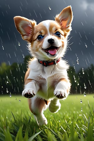 Generate a lively scene of a baby dog eagerly starting to play just before the rain begins. The puppy should be depicted with an excited and alert expression, its tail wagging and ears perked up as it senses the impending raindrops. Show the puppy standing on a patch of grass, perhaps with a ball or toy nearby, ready to engage in a playful activity. Depict the sky darkening with storm clouds and a few raindrops starting to fall, creating a sense of anticipation and excitement in the air. Place the scene in a natural outdoor setting, with trees swaying in the wind and the scent of rain filling the air, adding to the overall ambiance of anticipation and excitement. Ensure that the image captures the puppy's enthusiasm and readiness to play, evoking a sense of energy and anticipation in the viewer.