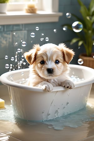 Create a charming scene of a baby dog enjoying a bath. The puppy should be depicted with a happy and content expression, its eyes bright and ears perked up with curiosity. Show the puppy surrounded by gentle streams of water, with bubbles floating around it, conveying a sense of relaxation and comfort. Depict the puppy's fur being gently washed and lathered with soap, highlighting its fluffy texture and the satisfaction it feels from the warm water. Place the scene in a bright and inviting bathroom setting, with soft towels and bath toys nearby, adding to the overall ambiance of cleanliness and care. Ensure that the image captures the endearing innocence and joy of the puppy's bathing experience, evoking a sense of warmth and tenderness in the viewer