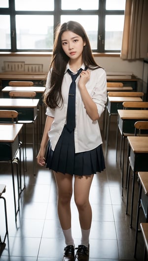  full body, pottery studio ,18 years old Japanese girl, school uniform, shy innocent face , face left, looking at left, long brown hair, realistic dull skin noise, visible skin detail, skin fuzz, glossy skin, petite, remarkable color, POV, (photorealistic, realistic:1.3), natural_lighting, rule_of_thirds, Fujicolor_Pro_Film, night, 1 girl,Classroom