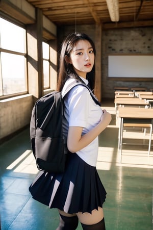 full body,   walking ,  POV (from below:1.1 ),  in classroom, strong back lighting, ((large breasts)), sixteen years old  Japanese girl ,  school black uniform, short skirt, (shiny face makeup) , super sheer (black) stocking, nice long leg, long massy hair, tall, skinny, glamor body  shy innocent face , realistic dull skin noise, visible skin detail, skin fuzz, glossy skin, remarkable color,  , (photorealistic, realistic:1.3) rule_of_thirds, Fujicolor_Pro_Film, 1 girl, ruins,Classroom