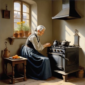 Old mother sitting in the corner of the stove, gray hair, bony hands marked by work, her head leaning against the tiled stove, Bavarian country style of living, a steaming kettle on the stove, it is a picture of peace, but also of farewell, volumetric light, hopeful sun beams, dust, romantic oil painting art by Albert Anker, Ludwig Richter and Georg Waldmüller