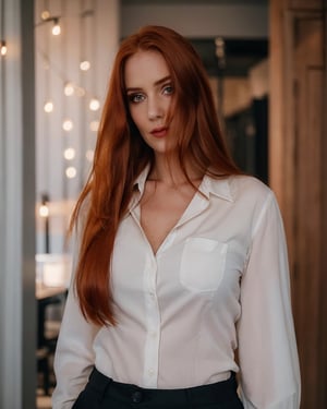 1girl, solo, ginger hair, long hair, (straight hair, pale skin), skin details, makeup, cinematic lighting, (photo, realistic), bokeh, epiCRealism, highly detailed, upper body, portrait, white shirt, unbuttoned shirt, indoors, (smoon:1.0)