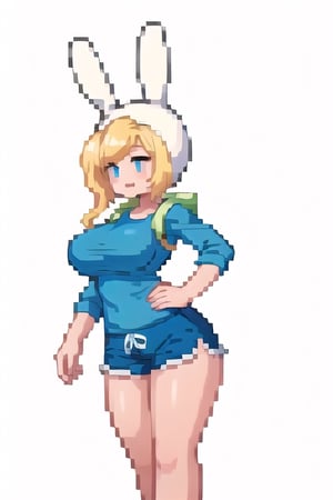 Fionna, white background, short blonde hair, rabbit hood, blue shirt, blue shorts, huge breasts