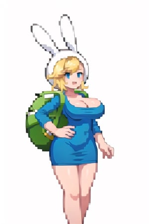 Fionna, white background, short blonde hair, rabbit hood, purse, blue dress, huge breasts