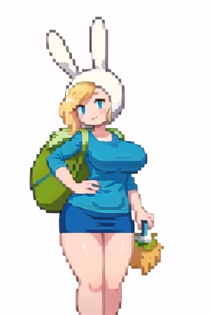 Fionna, white background, short blonde hair, rabbit hood, holding purse, blue shirt. blue skirt, huge breasts