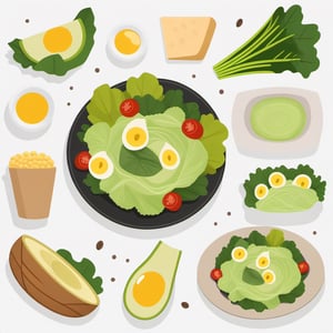 no background, ((no-line-stickers)), modern, minimalistic, colorful, realistic ((Caesar-Salad )) food-set element collection, realistic,Flat illustration