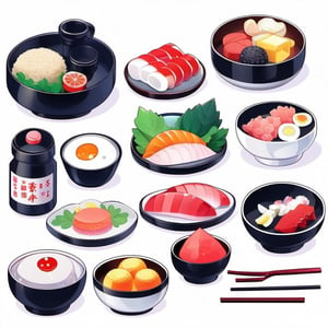 no background, ((no-line-stickers)), modern, minimalistic, colorful, realistic ((japan-food-set )) food-set element collection, realistic,Flat illustration,sticker