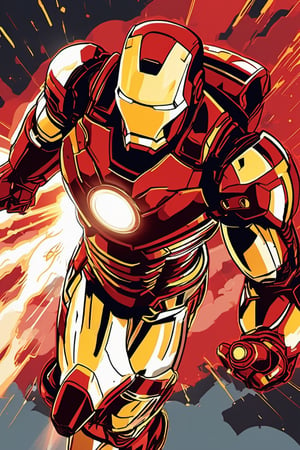 The text above "Iron Man", close up of Iron Man flying in the sky with blasting repulsors, in bold red and gold cyberpunk style, high quality, poster