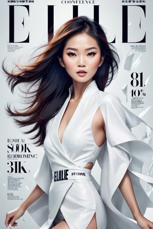 Unleash a fashion storm, incorporating confidence and independence of a asian beautiful woman, The title of the cover is "ELLE" is in bold at the top, 8k, photo, typography, poster, fashion