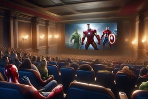 Marvel heroes watch a movie in the cinema, facing the big screen