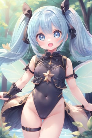 ultra-detailed,(masterpiece:1.2) , (best quality:1.2) , (ultra-detailed:1.2), 2.5D,extremely detailed,anime,blue hair,twintails,BREAK,black eyes,BREAK,,forest,Cute leotards,fairy wings,smile,:d,pastel colour,minimum girl,action