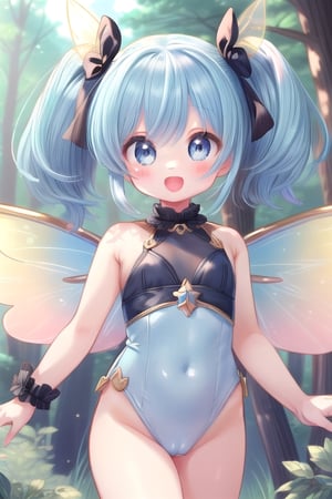 ultra-detailed,(masterpiece:1.2) , (best quality:1.2) , (ultra-detailed:1.2), 2.5D,extremely detailed,anime,blue hair,twintails,BREAK,black eyes,BREAK,,forest,Cute leotards,fairy wings,smile,:d,pastel colour,minimum girl,action