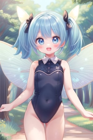 ultra-detailed,(masterpiece:1.2) , (best quality:1.2) , (ultra-detailed:1.2), 2.5D,extremely detailed,anime,blue hair,twintails,BREAK,black eyes,BREAK,,forest,Cute leotards,fairy wings,smile,:d,pastel colour,minimum girl