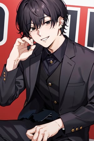 Yoshida Hirofumi,1guy, perfect hands, big smile, two piece suit, pale_skin, tired, ear-piercing 