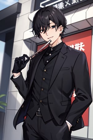 Yoshida Hirofumi,1guy, perfect hands, big smile, two piece suit, pale_skin, tired, ear-piercing, black_gloves, mole_under_mouth