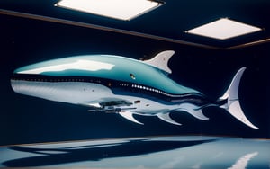 Best quality, Masterpiece, Beautiful and aesthetic, 32K, High contrast, Natural and soft light, Realistic, Photorealistic, Ultra detailed, Finely detailed, High resolution, Perfect dynamic composition, A huge whale-shaped spaceship, Flying in the blue sky and white clouds, The upper part of the whale-shaped spaceship is a transparent glass cover, There are small architectural clusters inside the glass cover, Whale fin-shaped wings with turbo rockets, The whale-shaped spacecraft has turbo rockets on both sides of its belly, Mechanical fish