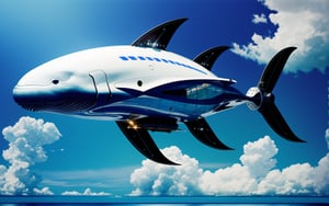 Best quality, Masterpiece, Beautiful and aesthetic, 32K, High contrast, Natural and soft light, Realistic, Photorealistic, Ultra detailed, Finely detailed, High resolution, Perfect dynamic composition, A huge whale-shaped spaceship, Flying in the blue sky and white clouds, The upper part of the whale-shaped spaceship is a transparent glass cover, There are small architectural clusters inside the glass cover, Whale fin-shaped wings with turbo rockets, The whale-shaped spacecraft has turbo rockets on both sides of its belly, Mechanical fish