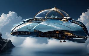 Best quality, Masterpiece, Beautiful and aesthetic, 32K, High contrast, Natural and soft light, Realistic, Photorealistic, Ultra detailed, Finely detailed, High resolution, Perfect dynamic composition, A huge whale-shaped spaceship, Flying in the blue sky and white clouds, The upper part of the whale-shaped spaceship is a transparent glass cover, There are small architectural clusters inside the glass cover, Whale fin-shaped wings with turbo rockets, The whale-shaped spacecraft has turbo rockets on both sides of its belly, Mechanical fish,ftspcft