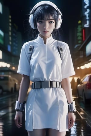 An image of a Japanese girl aged 20 - 24, with a partial robot body, with the future cyberpunk setting, at raining summer midnight wearing white Nightdress fully wet, covered with complex flare; The environment only has dim light source. The image should be in high definition, resembles a photograph taken with ISO 800 high grain film which adds depth and a realistic feel to the image, capturing the mood of the moment.,mecha_musume