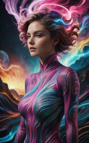 ral-3dwvz, PINK, Futuristic android woman ,nebula,cloud,sky,distortion,Photorealistic vibrant 3D wave, explosion,smoke,dramatic lighting, highly detailed, vivid colors, digital art, HDR UHD 64K quality, cinematic composition, hyperrealistic, dynamic texture, surrealism, horizon ,wave planet ,,neon light,, A solitary figure emerges from the shadows, her form a complex canvas where the wildness of nature and the precision of a constructed labyrinth become one. Zebra stripes cascade over her skin in a spectrum of vibrant colors, transforming from classic black and white into a kaleidoscope of hues, leading into an elaborate maze that promises both entrapment and enlightenment. The stripes twist and turn, ebbing and flowing like a living entity, their stark contrast enhanced by vivid color saturation and textured detailing, a testament to the duality of existence.

Her posture is one of quiet resignation, a stillness that speaks volumes in the silent world she inhabits. The lines on her body are not merely decorative; they are the paths of countless narratives, etched into her very essence with rich textures mimicking the grain of ancient wood. Each curve tells a story of growth and survival, a story as old as time yet as fresh as the moment it is observed, highlighted with sharp focus and high resolution.

Around her, the background pulsates with the same rhythmic patterns, now painted in an array of brilliant colors, a testament to the interconnectedness of all things. It is as if she is rooted to the universe itself, a conduit between the chaos of the wild and the order of the mind. In this world, every element is deliberate, every line a purposeful stroke of the cosmic brush, painting a picture of a reality that is at once bewildering and perfectly ordered, with a dynamic interplay of light and shadow.

,alien,LinkGirl