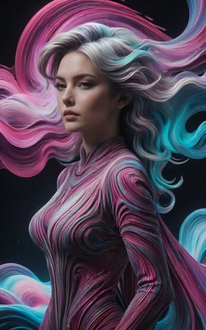 ral-3dwvz, PINK, Futuristic android woman ,nebula,cloud,sky,distortion,Photorealistic vibrant 3D wave, explosion,smoke,dramatic lighting, highly detailed, vivid colors, digital art, HDR UHD 64K quality, cinematic composition, hyperrealistic, dynamic texture, surrealism, horizon ,wave planet ,,neon light,, A solitary figure emerges from the shadows, her form a complex canvas where the wildness of nature and the precision of a constructed labyrinth become one. Zebra stripes cascade over her skin in a spectrum of vibrant colors, transforming from classic black and white into a kaleidoscope of hues, leading into an elaborate maze that promises both entrapment and enlightenment. The stripes twist and turn, ebbing and flowing like a living entity, their stark contrast enhanced by vivid color saturation and textured detailing, a testament to the duality of existence.

Her posture is one of quiet resignation, a stillness that speaks volumes in the silent world she inhabits. The lines on her body are not merely decorative; they are the paths of countless narratives, etched into her very essence with rich textures mimicking the grain of ancient wood. Each curve tells a story of growth and survival, a story as old as time yet as fresh as the moment it is observed, highlighted with sharp focus and high resolution.

Around her, the background pulsates with the same rhythmic patterns, now painted in an array of brilliant colors, a testament to the interconnectedness of all things. It is as if she is rooted to the universe itself, a conduit between the chaos of the wild and the order of the mind. In this world, every element is deliberate, every line a purposeful stroke of the cosmic brush, painting a picture of a reality that is at once bewildering and perfectly ordered, with a dynamic interplay of light and shadow.

,alien,LinkGirl