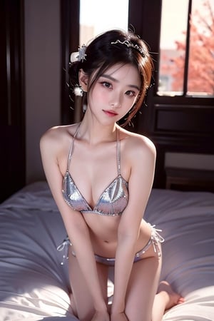 A full body photo of beautiful Chinese girl with a realistic Asian skin colour. There are a few small spots or small moles or small warts scattered on the skin of the body. The big chest is very concentrated and firm. She has light makeup on her face, smiles, and has bright eyes. Nice hands, perfect hands, perfect fingers, eyes looking into the camera, random hairstyles and hair accessories, random photo poses, random face shapes, random clothing colours, random background matching, real photo quality, depth of field, clear background, backlight, 32K resolution