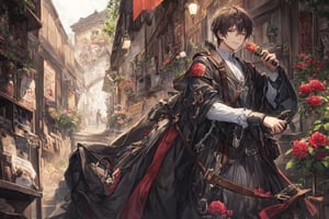 Official Art, Unity 8K Wallpaper, Extreme Detailed, Beautiful and Aesthetic, Masterpiece, Top Quality, perfect anatomy, MALE, (male:1.5)

a beautiful male with a brown satchel filled with flowers, apothecary, wildflower, 1guy, solo, smile, long sleeves, holding, flower, rose, holding flower, rose bush, brown theme, 

concept art, (best illustration), (best shadow), Analog Color Theme, vivid colours, contrast, smooth, sharp focus, scenery, 

masterpiece, midjourney, best quality, high detail eyes,More Detail,perfect light,portrait