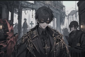 Official Art, Unity 8K Wallpaper, Extreme Detailed, Beautiful and Aesthetic, Masterpiece, Top Quality, perfect anatomy, MALE, (male:1.5)

new orleans gothic, (new orleans:1.5), southern gothic, masquerade mask, vampire hunter, wood crosses, 1800s fashion, old cemetery scenery, old church scenery

concept art, (best illustration), vivid colours, contrast, smooth, sharp focus, scenery, 

masterpiece, midjourney, best quality, high detail eyes,More Detail,portrait,1guy,Marionette