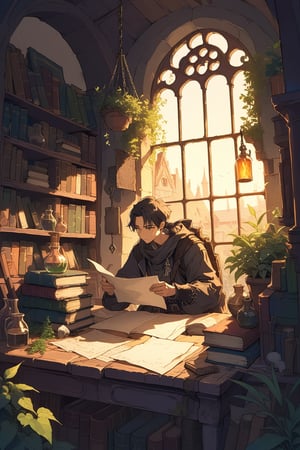 masterpiece, ultra detailed, best quality, 8k, high resolution, aesthetic, 1guy, alchemist, colorful potions, dusty books, hanging plants, satchel full of plants and papers, herbs, scenery