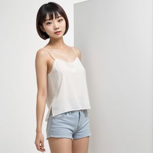 Create a photo-realistic digital image of a Taiwanese woman with a confident and lively demeanor. She has distinct, three-dimensional facial features with short bobbed hair that frames her face in a contemporary style. She's wearing a shoulder-baring camisole top paired with form-fitting 'hot pants,' adding a playful yet chic edge to her look. In her hand, she holds a plain white board with no writing, presented casually yet clearly visible. The background should be a crisp, clean white to provide a stark contrast and ensure a bright, uncluttered presentation. The lighting should be bright and even, akin to that used in professional model shoots, to highlight her features, the outfit's textures, and the white board with high fidelity and sharpness.