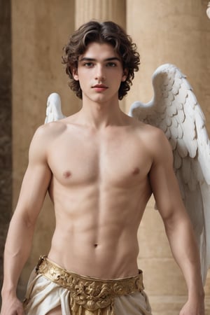 create a hyper-realistic image of a young and handsome Greek god cupid, he's 17 years old
, 8k, high detailed, sharp focus.,more detail XL,Movie Still, ((torso body view:1.7)), white shoes,   (whole image within frame),photo r3al,aesthetic portrait,