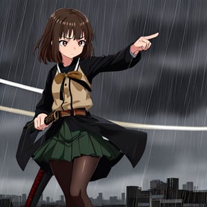 10 year old girl, long-sleeved school uniform, long-sleeved shirt, black black pantyhose, green mini skirt, trying to cut down the attacking mustard, with a calm face, in the city of Inuyama with stormy rainy weather, thin body, short brown hair, holding a black wooden katana in his hand and pointing it in front, calm face, brown right eye, black left eye, younger sister of Yanase Mai celena terlihat 