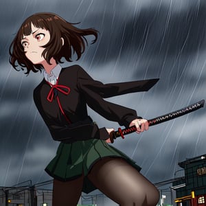 10 year old girl, long-sleeved school uniform, long-sleeved shirt, black black pantyhose, green mini skirt, trying to cut down the attacking mustard, with a calm face, in the city of Inuyama with stormy rainy weather, thin body, short brown hair, holding a black wooden katana in his hand and pointing it in front, calm face, brown right eye, black left eye, younger sister of Yanase Mai