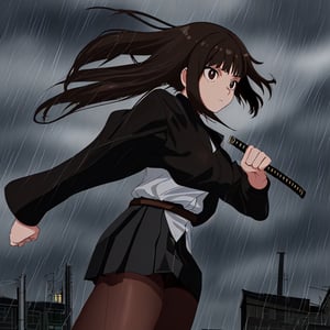 10 year old girl, long-sleeved school uniform, long-sleeved shirt, black black pantyhose, green mini skirt, trying to cut down the attacking mustard, with a calm face, in the city of Inuyama with stormy rainy weather, thin body, short brown hair, holding a black wooden katana in his hand and pointing it in front, calm face, brown right eye, black left eye, visible gray underwear