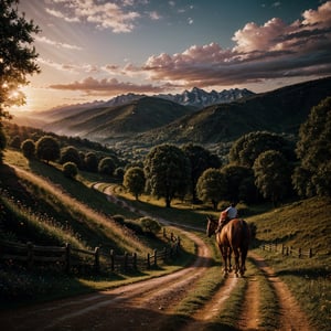 (Best Quality, Masterpiece), (realistic light and shadow), (real and delicate background), shallow depth of field, vignette, highly detailed, bokeh, epic, gorgeous, film grain, grainy, (Cinematic lighting, bloom), ((sunset)), Cityscape of a small village in the middle of nowhere, with mountains, woods, and ((a countryside road for horse going through it)), nature, landscape, grass, flower, mountains, clouds, trees, more_details:1.0,