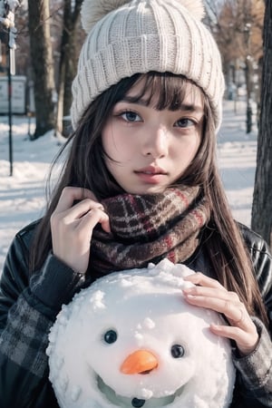 Natural Light, (Best Quality, Masterpiece), (beautiful and detailed eyes), (realistic detailed skin texture), (detailed hair), (Fantasy aesthetic style), (realistic light and shadow), (real and delicate background), (Outdoor), (upper body shot), 1girl, solo, long hair, looking at viewer, bangs, brown hair, black hair, long sleeves, Knitted hat, hair between eyes, parted lips, Brown eyes, jacket, upper body, sidelocks, outdoors, day, scarf, tree, black jacket, plaid, hands up, black headwear, own hands together, breath, snow, beanie, winter, plaid scarf, snowman