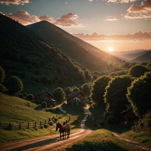 (Best Quality, Masterpiece), (realistic light and shadow), (real and delicate background), shallow depth of field, vignette, highly detailed, bokeh, epic, gorgeous, film grain, grainy, (Cinematic lighting, bloom), ((sunset)), Cityscape of a small village in the middle of nowhere, with mountains, woods, and ((a countryside road for horse going through it)), nature, landscape, grass, flower, horse, mountains, clouds, trees, more_details:1.0,pastelbg